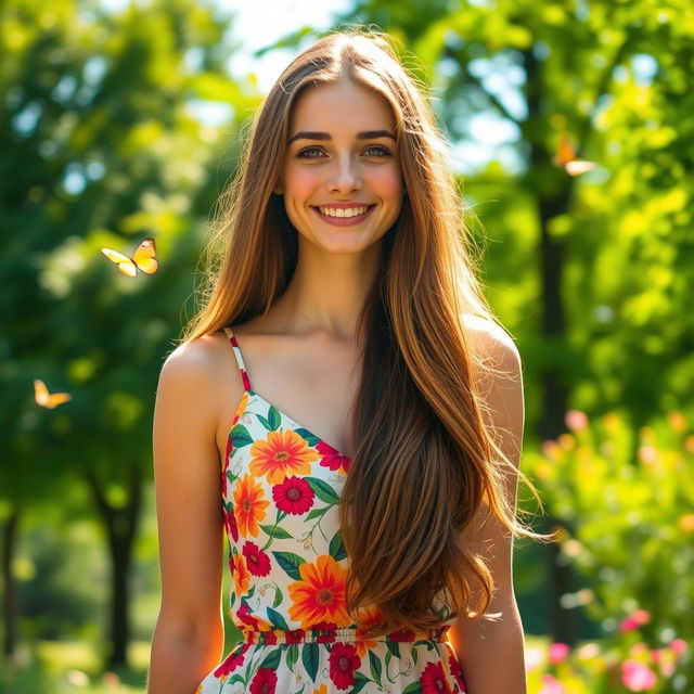 A beautiful portrait of a young woman with long flowing hair, wearing a stylish summer dress in a vibrant floral pattern