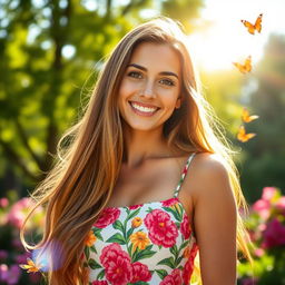 A beautiful portrait of a young woman with long flowing hair, wearing a stylish summer dress in a vibrant floral pattern