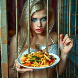 A beautiful 19-year-old girl with long, radiant blonde hair and a delicate thin face, showcasing striking bright makeup