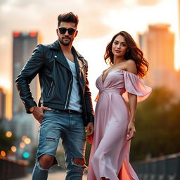 A vibrant and dynamic composition featuring two stylishly dressed adult figures standing side by side