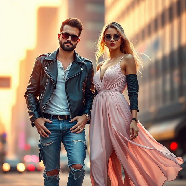 A vibrant and dynamic composition featuring two stylishly dressed adult figures standing side by side