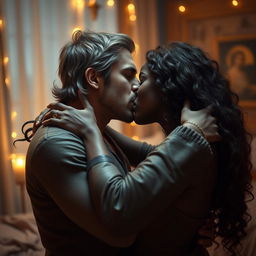 A romantic scene depicting a man in his early thirties with rugged features resembling a young Geralt of Rivia, passionately kissing a beautiful black woman with dark skin and long, curly brown hair