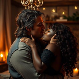 A romantic scene depicting a man in his early thirties with rugged features resembling a young Geralt of Rivia, passionately kissing a beautiful black woman with dark skin and long, curly brown hair