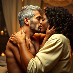 A romantic scene depicting a man in his early thirties with rugged features resembling a young Geralt of Rivia, passionately kissing a beautiful black woman with dark skin and long, curly brown hair
