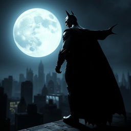 A dramatic scene featuring Batman standing on a rooftop overlooking Gotham City, with a large, bright full moon illuminating the night sky behind him