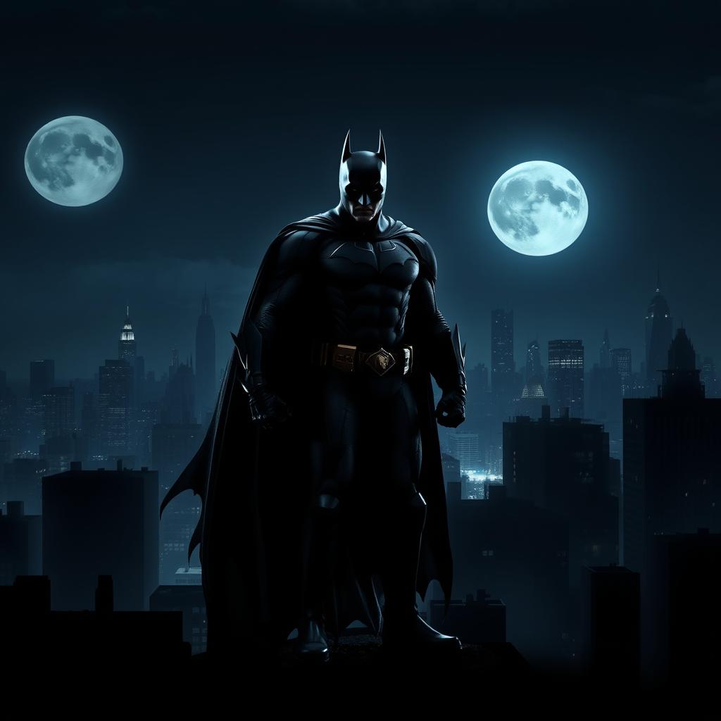 A dramatic scene featuring Batman standing on a rooftop overlooking Gotham City, with a large, bright full moon illuminating the night sky behind him