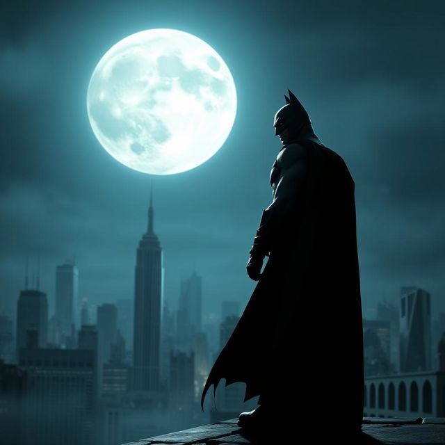 A dramatic scene featuring Batman standing on a rooftop overlooking Gotham City, with a large, bright full moon illuminating the night sky behind him