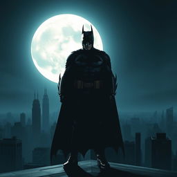 A dramatic scene featuring Batman standing on a rooftop overlooking Gotham City, with a large, bright full moon illuminating the night sky behind him