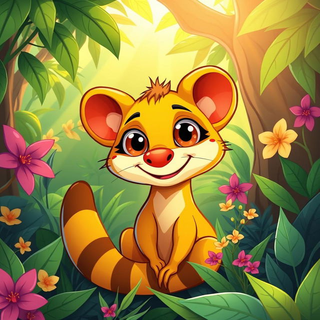 A vibrant and colorful cartoon-style illustration of a Fossa, depicted with exaggerated features and a playful expression