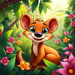 A vibrant and colorful cartoon-style illustration of a Fossa, depicted with exaggerated features and a playful expression