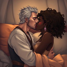 A passionate scene of a man in his early thirties, resembling a young Geralt of Rivia, kissing a beautiful black woman with dark skin and long curly brown hair