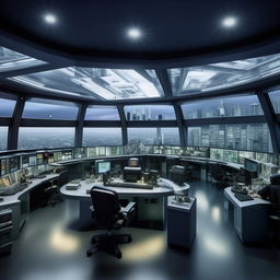 A glass penthouse office designed like a SWAT control room, using architectural inspiration from the building shown in the linked website