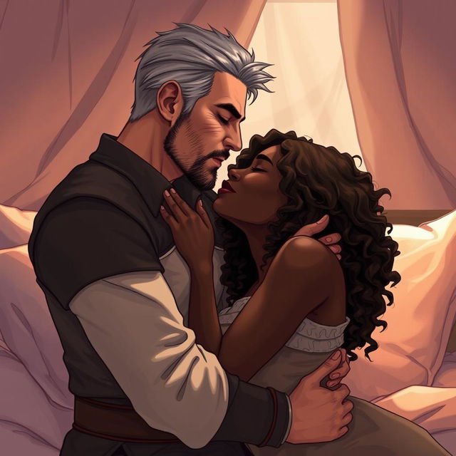 A passionate scene of a man in his early thirties, resembling a young Geralt of Rivia, kissing a beautiful black woman with dark skin and long curly brown hair