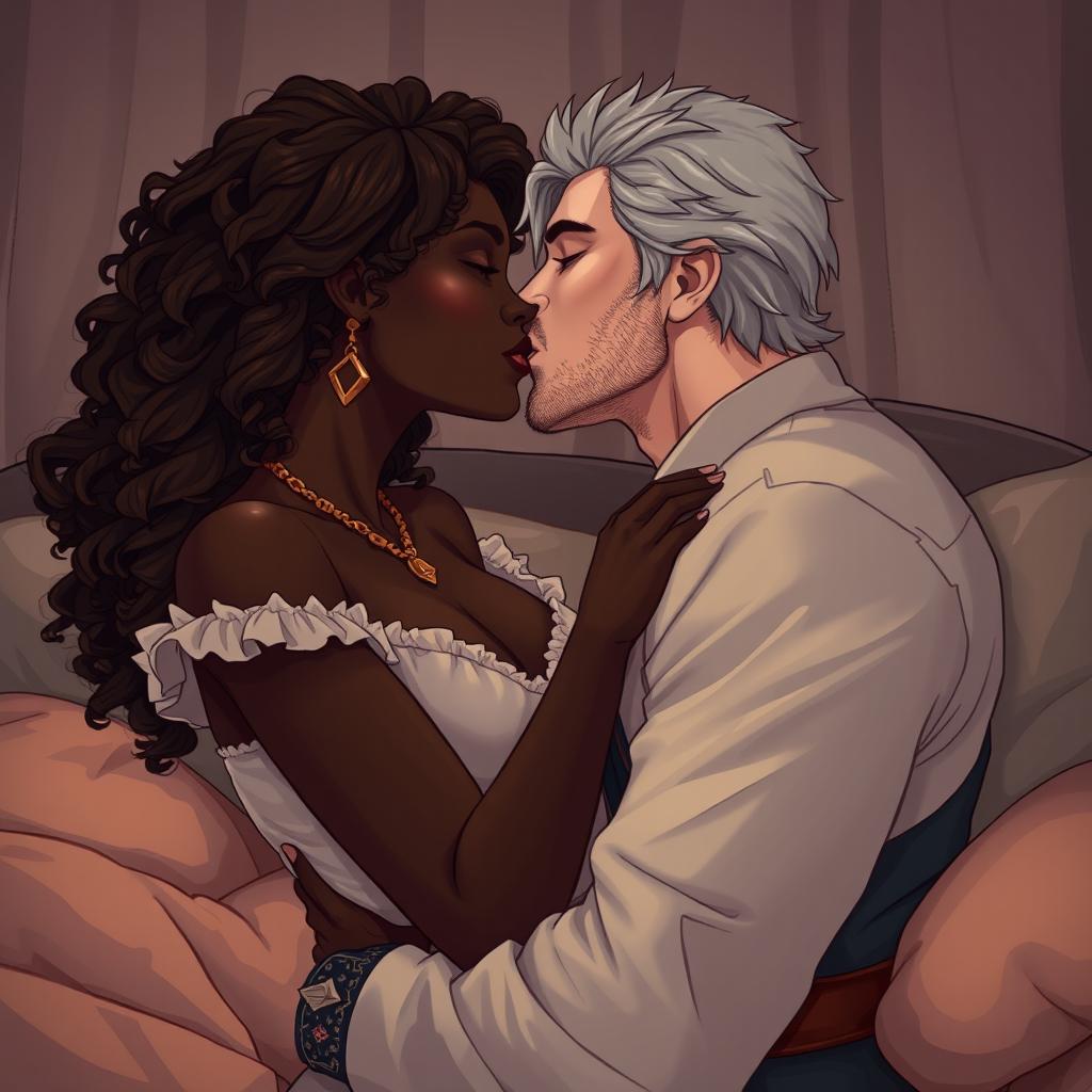 A passionate scene of a man in his early thirties, resembling a young Geralt of Rivia, kissing a beautiful black woman with dark skin and long curly brown hair