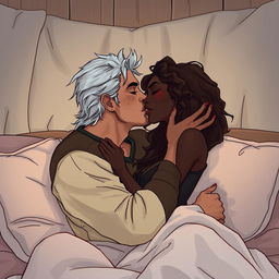 A passionate scene of a man in his early thirties, resembling a young Geralt of Rivia, kissing a beautiful black woman with dark skin and long curly brown hair