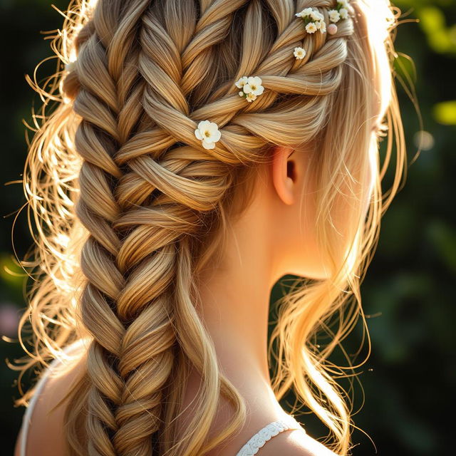 A close-up of a woman with stunning and intricate braided hair styled in a romantic bohemian fashion, featuring delicate floral accessories woven throughout