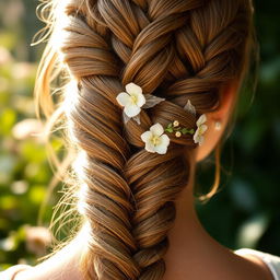 A close-up of a woman with stunning and intricate braided hair styled in a romantic bohemian fashion, featuring delicate floral accessories woven throughout