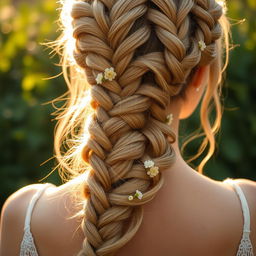 A close-up of a woman with stunning and intricate braided hair styled in a romantic bohemian fashion, featuring delicate floral accessories woven throughout