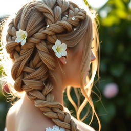 A close-up of a woman with stunning and intricate braided hair styled in a romantic bohemian fashion, featuring delicate floral accessories woven throughout