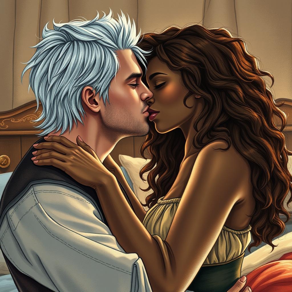 A passionate kiss between a man in his early thirties resembling a young Geralt of Rivia, characterized by striking silver hair and a ruggedly handsome face, and a Black woman with dark skin and long, curly brown hair