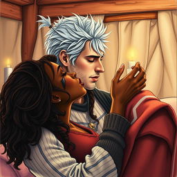 A passionate kiss between a man in his early thirties resembling a young Geralt of Rivia, characterized by striking silver hair and a ruggedly handsome face, and a Black woman with dark skin and long, curly brown hair