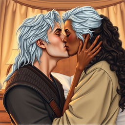 A passionate kiss between a man in his early thirties resembling a young Geralt of Rivia, characterized by striking silver hair and a ruggedly handsome face, and a Black woman with dark skin and long, curly brown hair