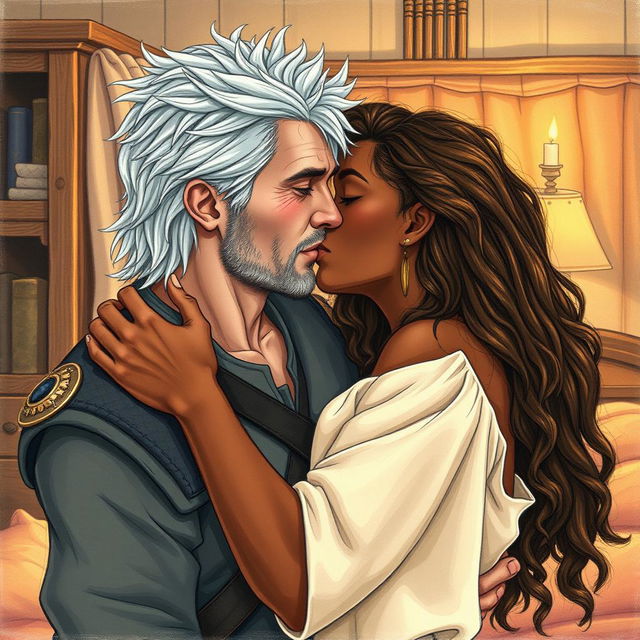 A passionate kiss between a man in his early thirties resembling a young Geralt of Rivia, characterized by striking silver hair and a ruggedly handsome face, and a Black woman with dark skin and long, curly brown hair