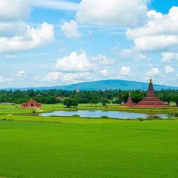 A vibrant landscape of the Anuradhapura district in Sri Lanka, featuring lush green fields, ancient Buddhist stupas, and a serene lake reflecting the sky