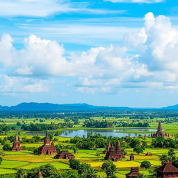 A vibrant landscape of the Anuradhapura district in Sri Lanka, featuring lush green fields, ancient Buddhist stupas, and a serene lake reflecting the sky