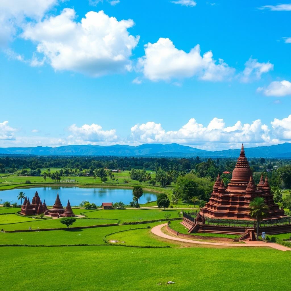 A vibrant landscape of the Anuradhapura district in Sri Lanka, featuring lush green fields, ancient Buddhist stupas, and a serene lake reflecting the sky