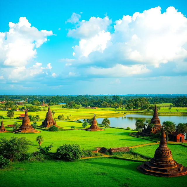 A vibrant landscape of the Anuradhapura district in Sri Lanka, featuring lush green fields, ancient Buddhist stupas, and a serene lake reflecting the sky