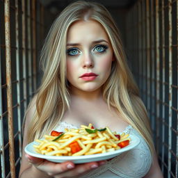 A full-length photograph of a gorgeous 19-year-old girl with long blonde hair and a charming thin face