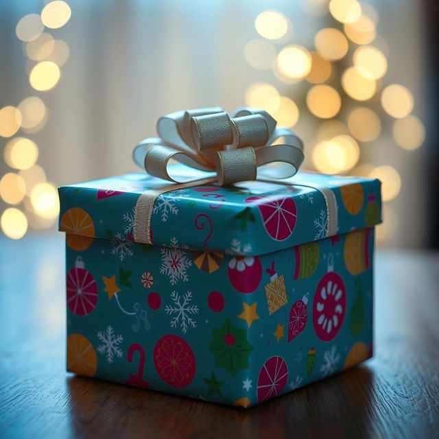 A beautifully wrapped gift, adorned with colorful, festive gift wrap featuring vibrant patterns and an elegant ribbon on top