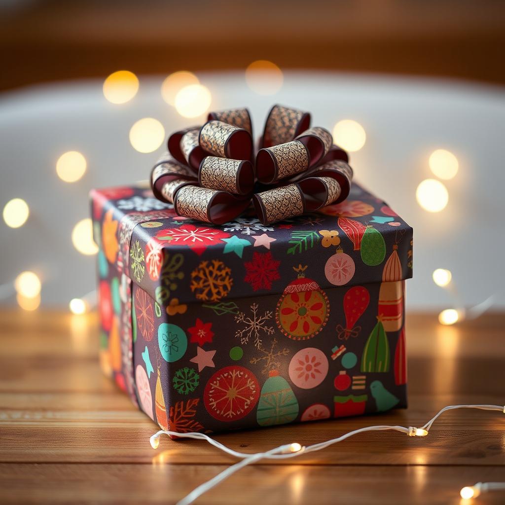 A beautifully wrapped gift, adorned with colorful, festive gift wrap featuring vibrant patterns and an elegant ribbon on top