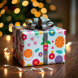 A beautifully wrapped gift, adorned with colorful, festive gift wrap featuring vibrant patterns and an elegant ribbon on top