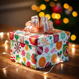 A beautifully wrapped gift, adorned with colorful, festive gift wrap featuring vibrant patterns and an elegant ribbon on top