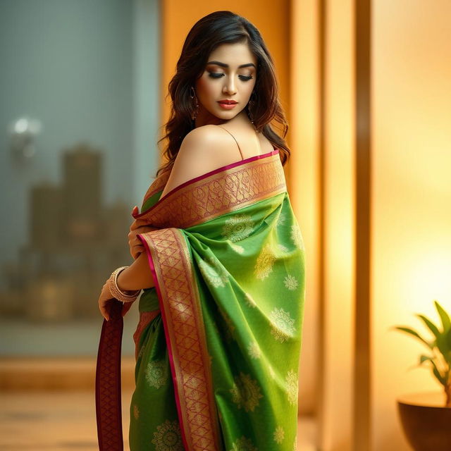 A stunningly beautiful woman wearing a traditional Indian saree, elegantly draped, with intricate patterns and vibrant colors