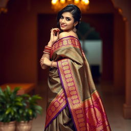 A stunningly beautiful woman wearing a traditional Indian saree, elegantly draped, with intricate patterns and vibrant colors