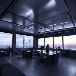 A SWAT control room-styled glass penthouse office, drawing architectural elements from the example illustrated in the provided link.