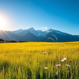 A dreamy landscape featuring a lush green meadow under a clear blue sky