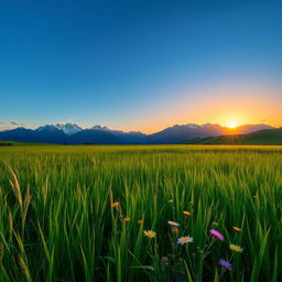 A dreamy landscape featuring a lush green meadow under a clear blue sky
