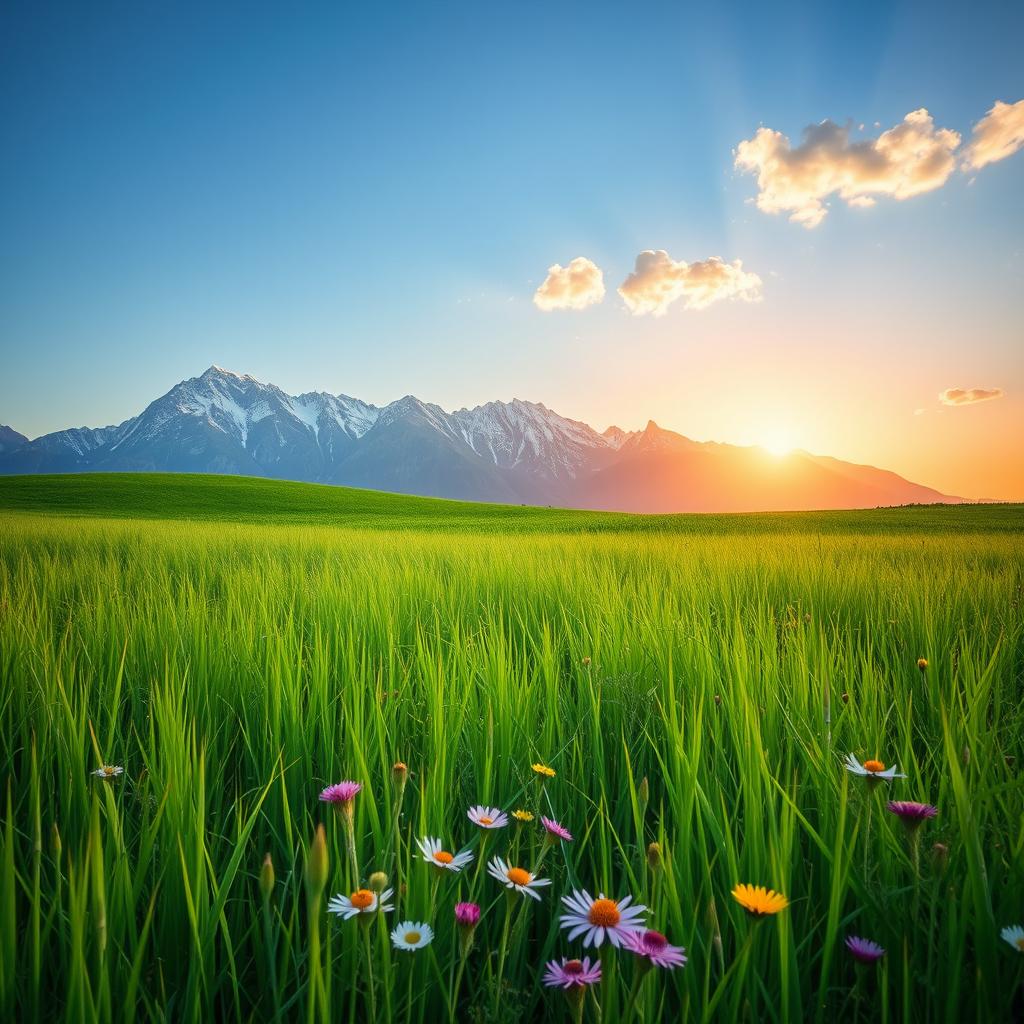 A dreamy landscape featuring a lush green meadow under a clear blue sky