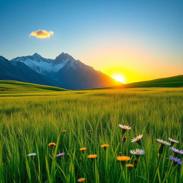 A dreamy landscape featuring a lush green meadow under a clear blue sky