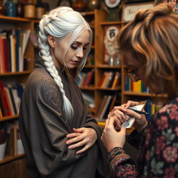 A woman in her early thirties, with striking white hair styled in a braid, showcasing intricate dragon tattoos flowing down her arm