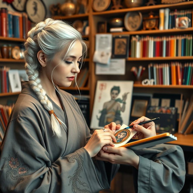A woman in her early thirties, with striking white hair styled in a braid, showcasing intricate dragon tattoos flowing down her arm