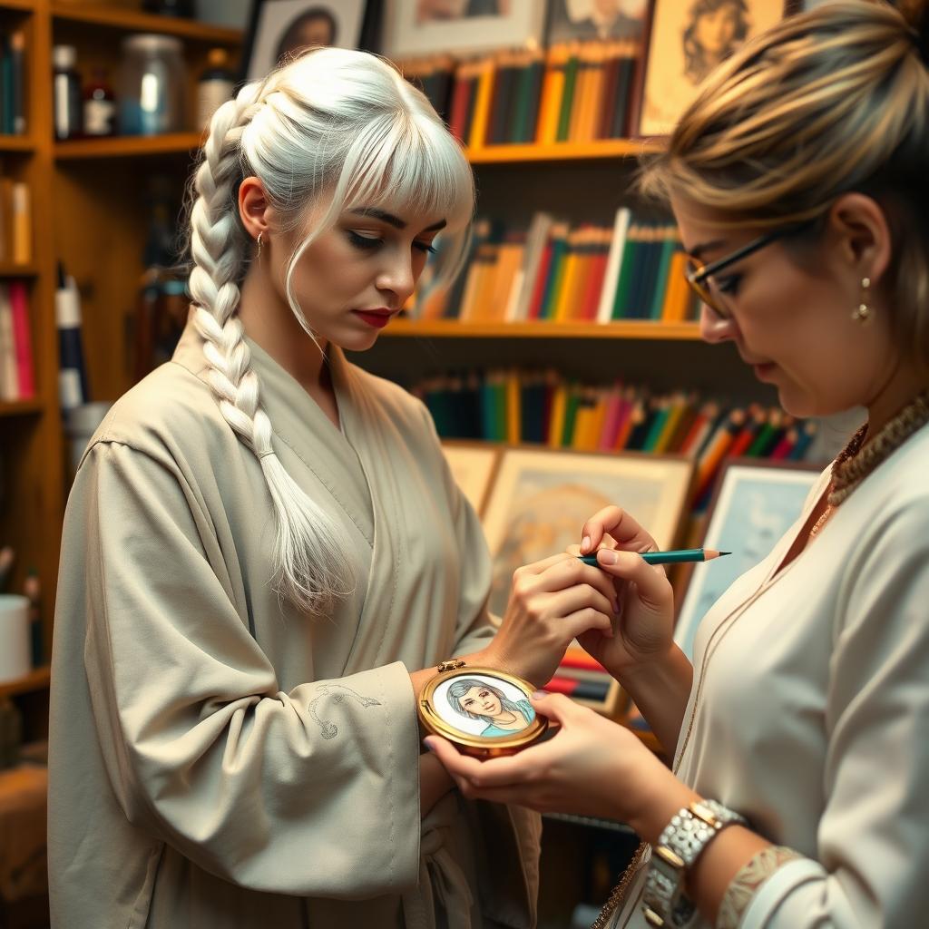 A woman in her early thirties, with striking white hair styled in a braid, showcasing intricate dragon tattoos flowing down her arm