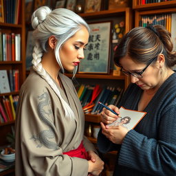 A woman in her early thirties, with striking white hair styled in a braid, showcasing intricate dragon tattoos flowing down her arm