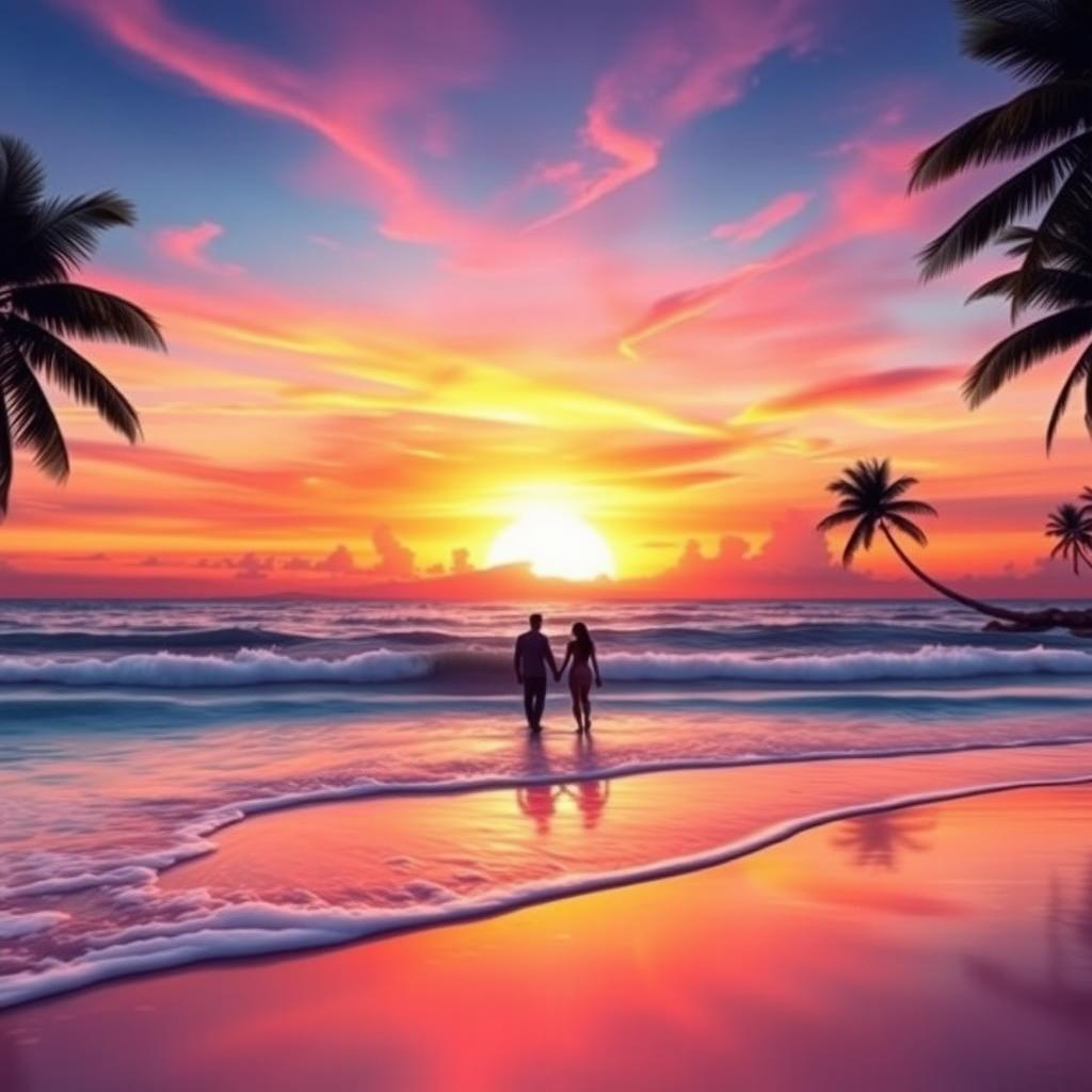 A stunning digital artwork of a vibrant sunset over a tranquil beach, featuring waves gently lapping at the shore, with reflections of the colorful sky on the water