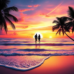 A stunning digital artwork of a vibrant sunset over a tranquil beach, featuring waves gently lapping at the shore, with reflections of the colorful sky on the water
