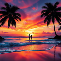 A stunning digital artwork of a vibrant sunset over a tranquil beach, featuring waves gently lapping at the shore, with reflections of the colorful sky on the water